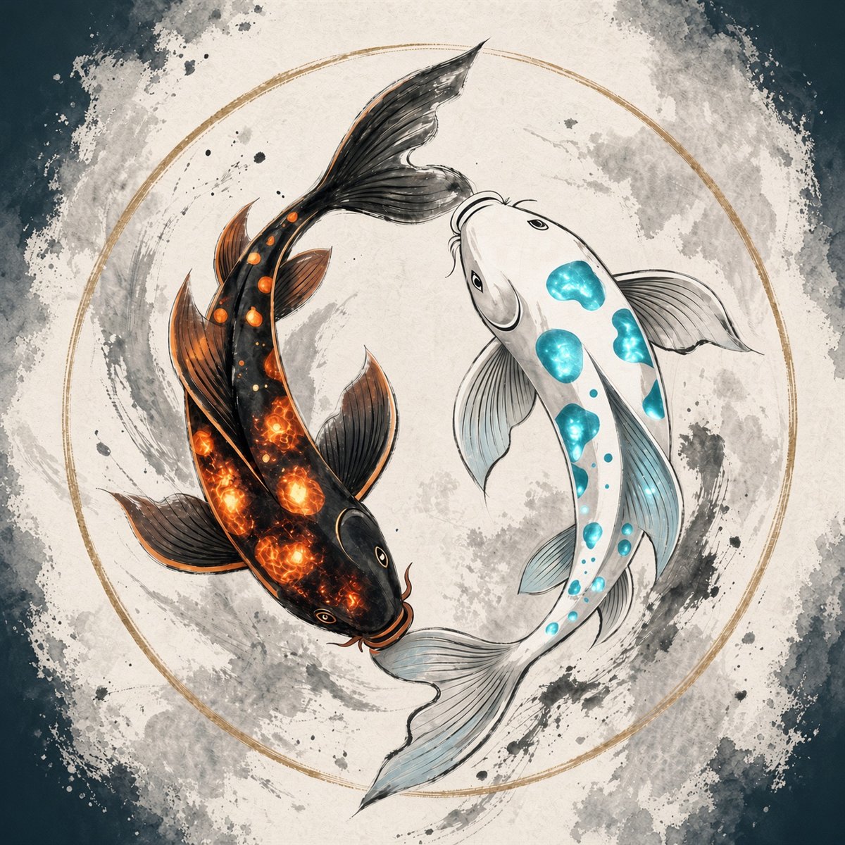 Two koi circling: a black koi with glowing embers and a white koi with glowing water
